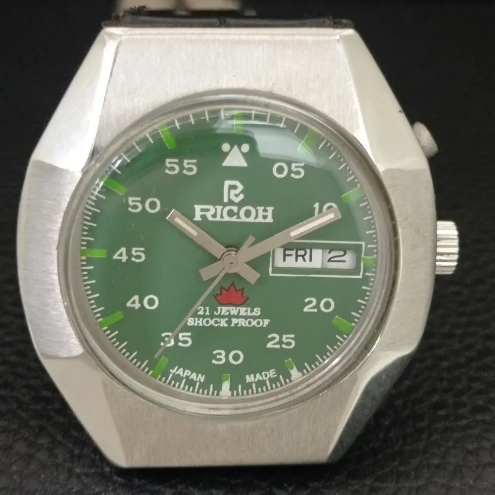 Vintage 1990 Ricoh Automatic Mens Silver Watch W/daydate & Red accents